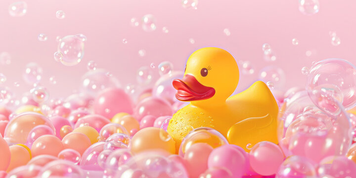 A vibrant and playful image featuring a bright yellow rubber duck amidst pink bubbly water, capturing the joy of bath time.