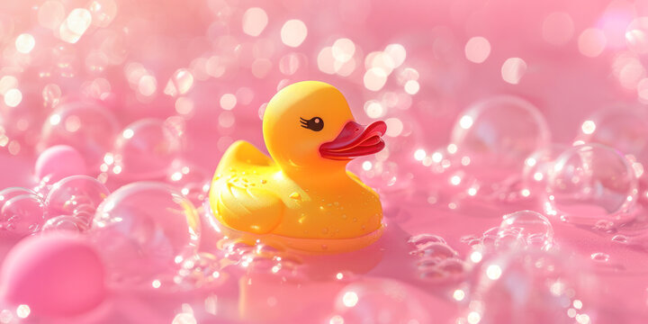 A vibrant and playful image featuring a bright yellow rubber duck amidst pink bubbly water, capturing the joy of bath time.