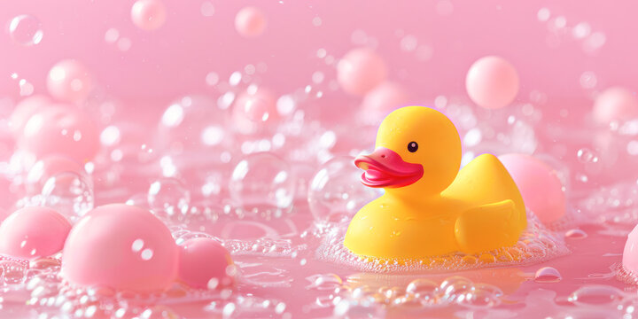 A vibrant and playful image featuring a bright yellow rubber duck amidst pink bubbly water, capturing the joy of bath time.
