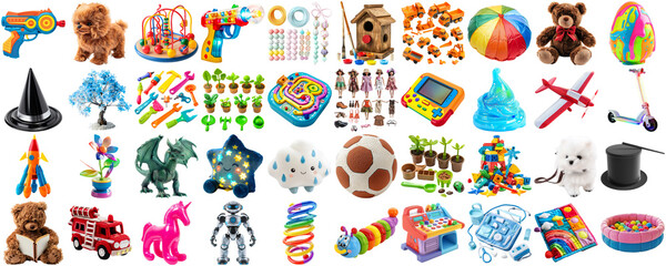 big collection of different toys for children kid, school playroom decor, magnet toy, doll, teddy...