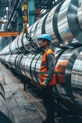 A man in a hard hat standing in front of large rolls of steel. Perfect for industrial and construction concepts - obrazy, fototapety, plakaty