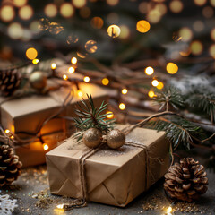 Christmas day gift presents wrapped in boxes under the festive tree with a bokeh background left by Santa Claus for a  season greeting card design stock illustration image