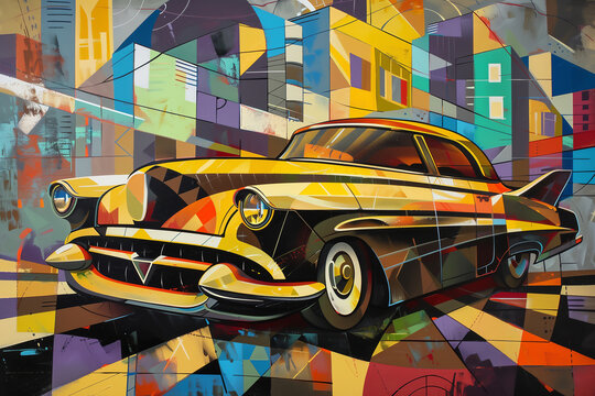 American vintage 1950s classic car in an abstract Cubist style painting for a poster or flyer, stock illustration image 