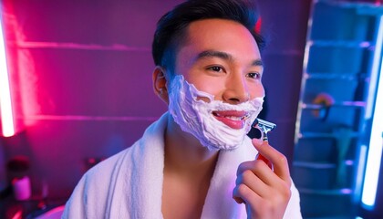 Close up over the shoulder of a young smiling Asian man shaving in the mirror.