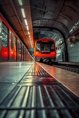 Fototapeta premium A red train pulling into a bustling train station. Perfect for transportation or travel concepts