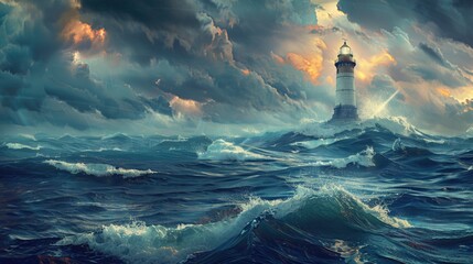 A picturesque painting of a lighthouse surrounded by the vast ocean. Suitable for nautical themes and coastal decor