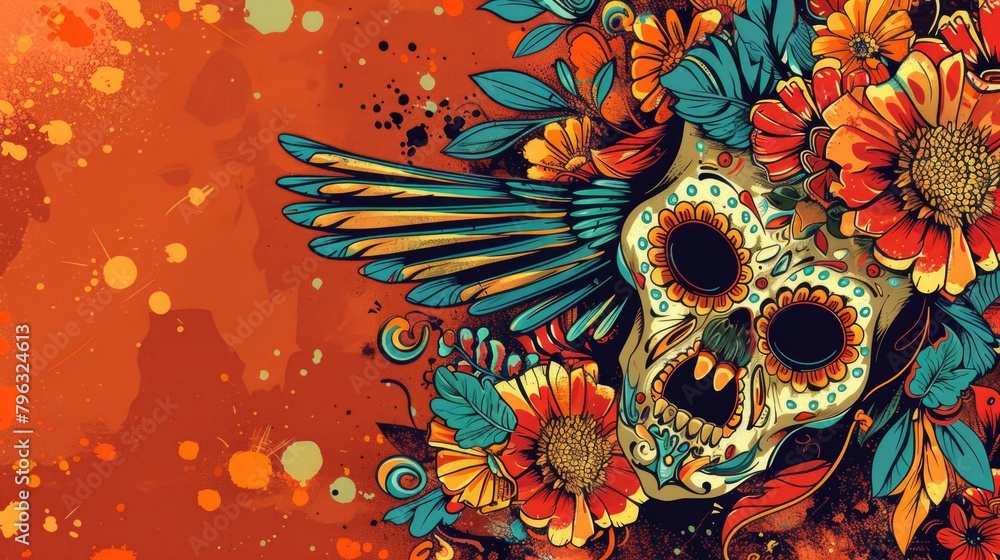 Poster A skull adorned with colorful flowers on a vibrant red backdrop. Ideal for various design projects
