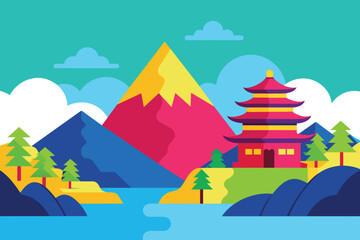 Fototapeta na wymiar Color mountains near water Chinese style vector design