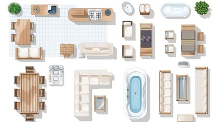 A top-down view of a combined living room and kitchen. Ideal for home decor and interior design concepts
