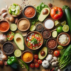 Taco Time! Colorful Ingredients for a Mexican Meal. Overhead Shot. generative AI
