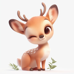 Cute Winking Deer Sitting on a White Background with Leaves, Square Image