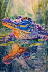 Brightly colored crocodile in a lake, serene nature setting, vibrant watercolor hand drawing