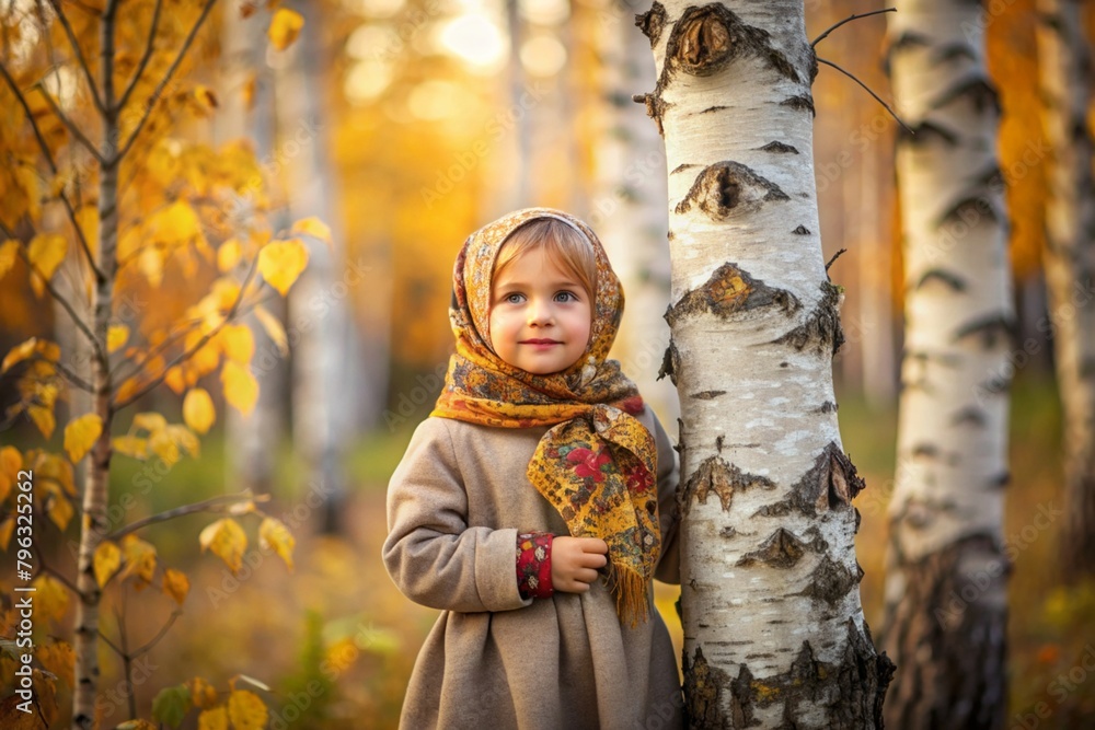 Wall mural Russian folk traditions. Russian flavor. A cute little girl in a national Russian dress and shawl in a beautiful birch grove in autumn. Portrait of a beautiful girl in a birch forest.