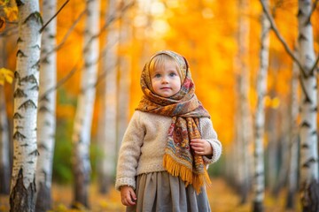 Russian folk traditions. Russian flavor. A cute little girl in a national Russian dress and shawl in a beautiful birch grove in autumn. Portrait of a beautiful girl in a birch forest.