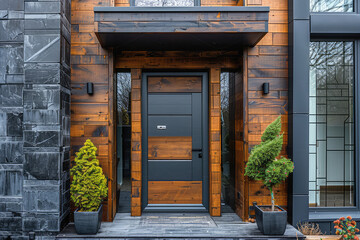 A front door with dark grey aluminum slats, flanked by potted plants and wooden accents, modern house design with wooden planks. Created with Ai