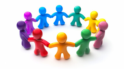 Colorful figurines holding hands in a circle, representing unity and diversity, ideal for concepts of teamwork, community, and inclusion.