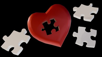 3d rendering of red heart shape and scattered jigsaw pieces