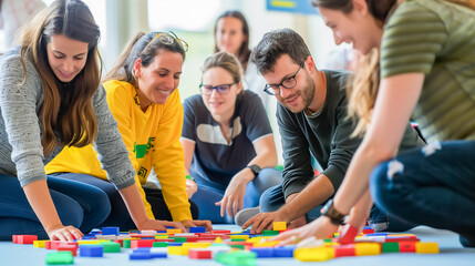 Diverse group of people engaging in a team building activity, collaboratively solving puzzles with colorful blocks on the floor, promoting teamwork and problem-solving skills.
