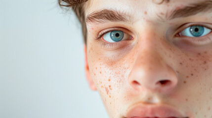 Closeup portrait of a blue-eyed young man with freckles on his face.