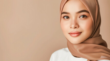 Elegant muslim woman in a brown hijab against a soft beige background. Copy space on the left.
