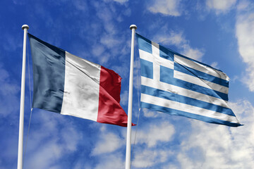 3d illustration. France and Greece Flag waving in sky. High detailed waving flag. 3D render. Waving...