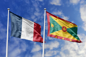 3d illustration. France and Grenada Flag waving in sky. High detailed waving flag. 3D render....