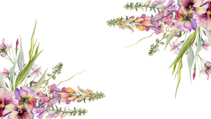 Hand drawn watercolor illustration botanical flowers leaves. Foxglove snapdragon lupin, mauve pansy viola, willow eucalyptus branches, columbine. Frame isolated on white. Design wedding, love cards © Elena