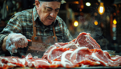 A butcher in a leather apron cuts a large piece of meat on a wooden board. Pile of meat steaks for grilling. In his Butcher's shop