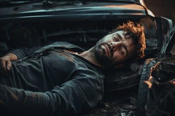 Generated with AI image of young man got into an accident and crashed car