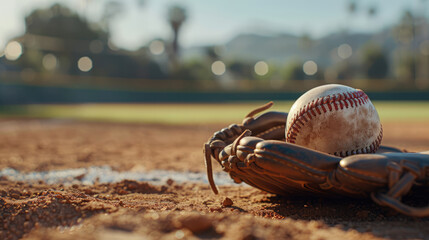 Close-up of a baseball and glove resting on the pitcher's mound, sport stadium field as background