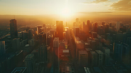 Dramatic urban skyline bathed in the warm glow of a sunset, encapsulating the bustling city life