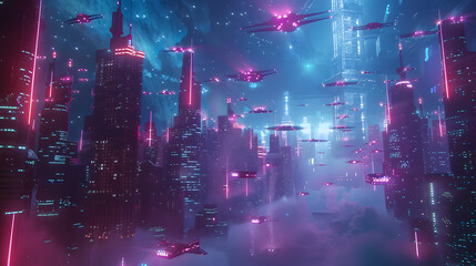 Fototapeta premium Vibrant neon-lit futuristic city with flying vehicles, creating a dynamic and advanced urban atmosphere