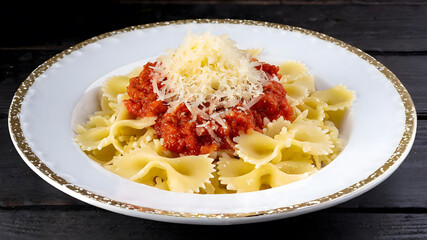 Grated parmesan cheese and tomato sauce on pasta farfalle in a white porcelain plate,black wooden table.	
