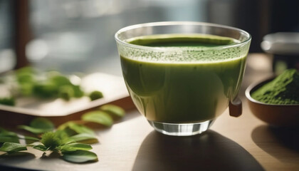 Japanese green matcha latte in glass on the table - AI - obrazy, fototapety, plakaty