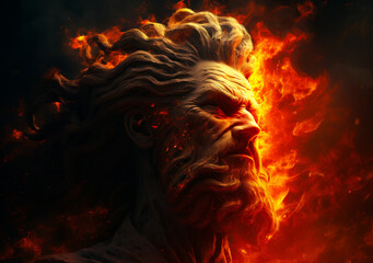 Fototapeta premium Greek Mythology Art: Prometheus the Titan Holding Fiery Torch Bringing Light to Humanity Against Dark Sky