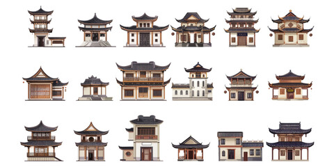 Set of ancient Chinese style houses on a white background.