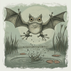A green frog with bat wings jumps out of a pond.