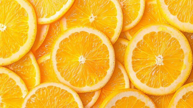 The background is orange slices. Orange is a delicious and healthy tropical fruit. Sliced orange circles, laid on the surface in several layers. Tropical background for design and web.