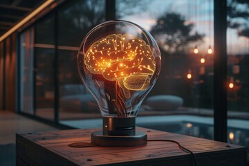 A brain-shaped light bulb glows warmly at dusk, exemplifying smart home technology.