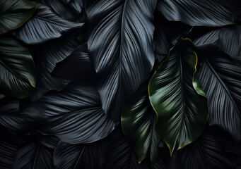 Dark Abstract Tropical Leaf Nature Background | Flat Lay Black Leaves Pattern | Digital AI Foliage Texture Concept