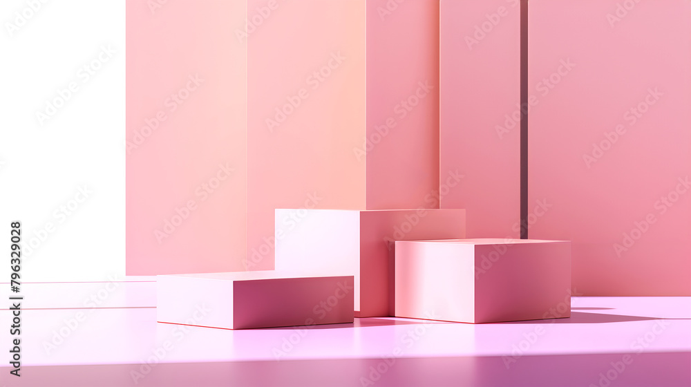 Poster creative minimal concept. pastel pink peach cube square podium dais with shadow and natural sunlight