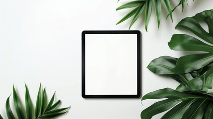 Tablet with white screen isolated on a white background with leafs. Copy Space.