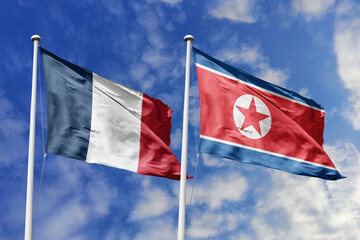 3d illustration. France and Korea, North Flag waving in sky. High detailed waving flag. 3D render....