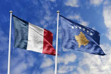 3d illustration. France and Kosovo Flag waving in sky. High detailed waving flag. 3D render. Waving...