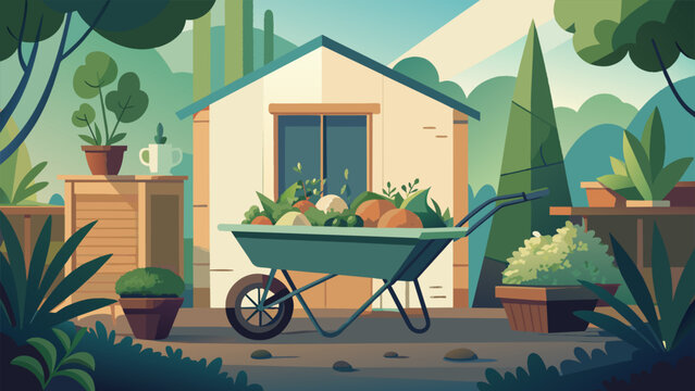 In a small backyard an old wheelbarrow has been given new life as a mobile herb garden its shabby exterior now adorned with vibrant greenery and