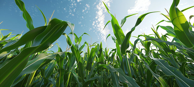 Low angle view of green corn stalks growing in an agricultural field with clear sky