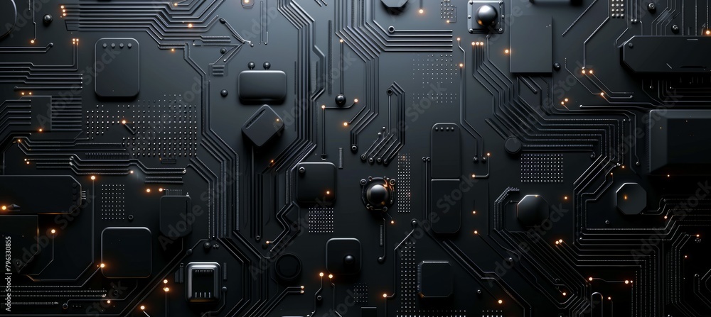 Poster dark black with microchip board background template. generative ai technology.