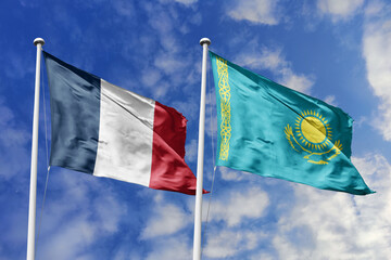 3d illustration. France and Kazakhstan Flag waving in sky. High detailed waving flag. 3D render....