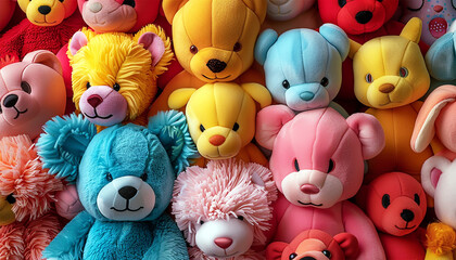 Background filled with various colorful stuffed teddy bears in a row. Togetherness and friendship concept. Front view. Closeup.