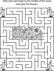 Maze game and coloring page with pencils and flowers 
